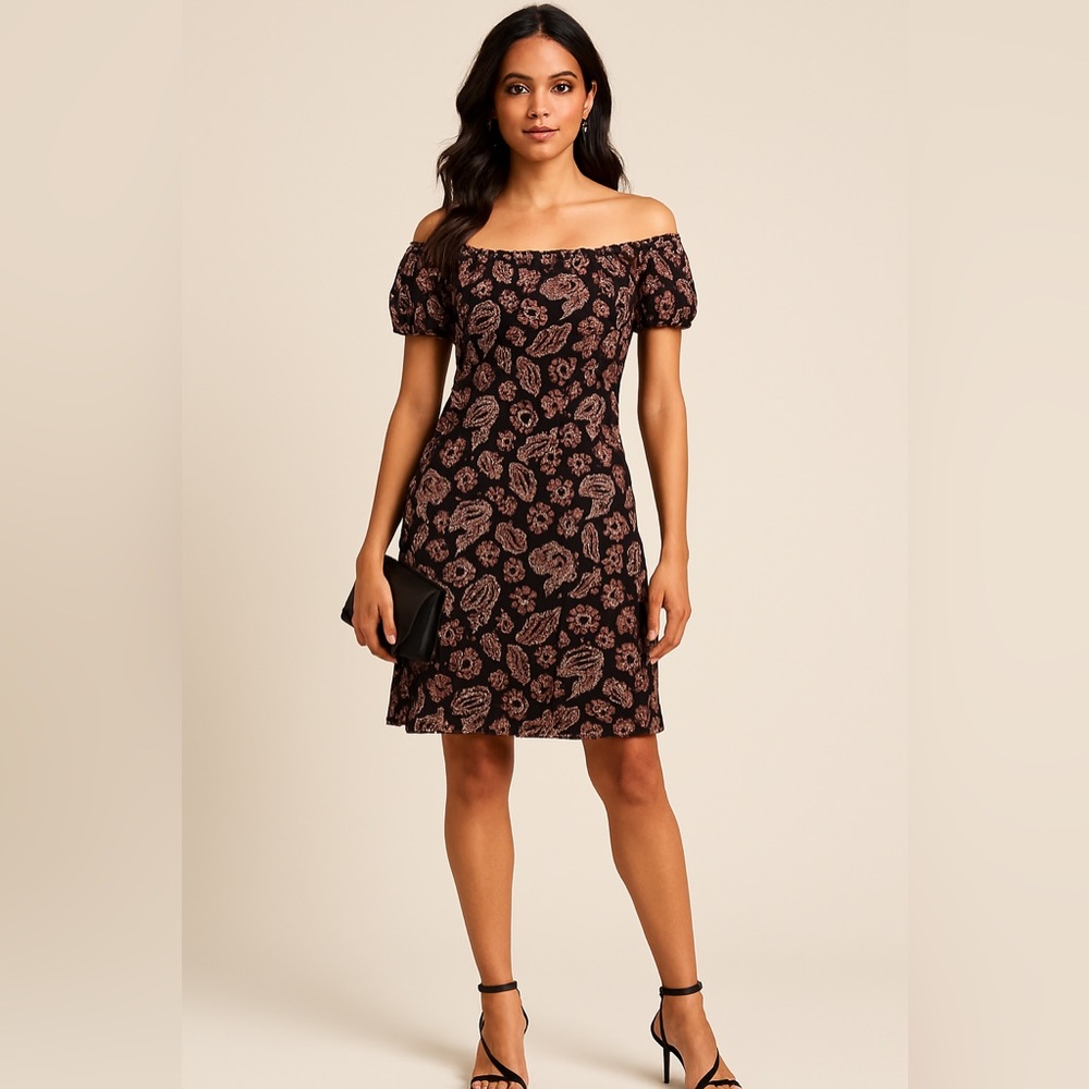Mexx Off-Shoulder Black and Pink Paisley Stretchy Body Hugging Dress Size M